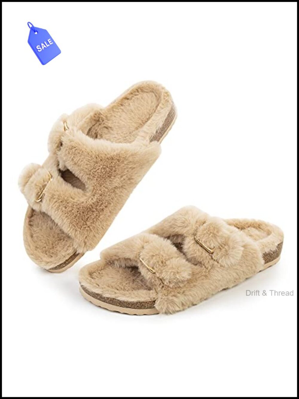 Faux Fur Cork Slide Slippers Open Toe Double Strap Arch Support